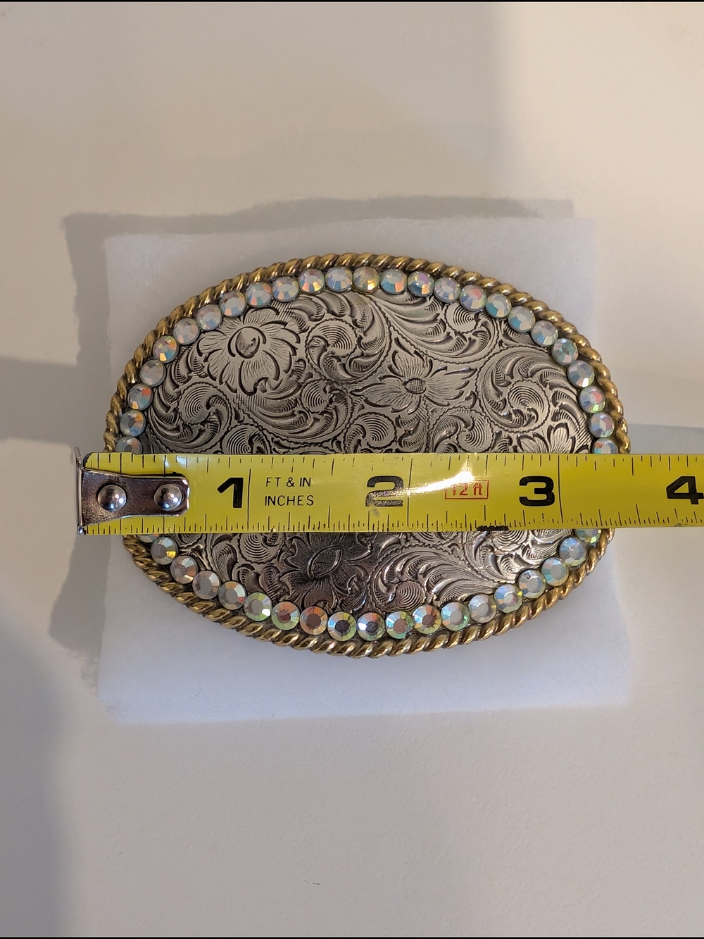 Belt Buckle - Silver with Floral Tooling, Iridescent Gems & Gold Rope Border - Picture 3 of 4